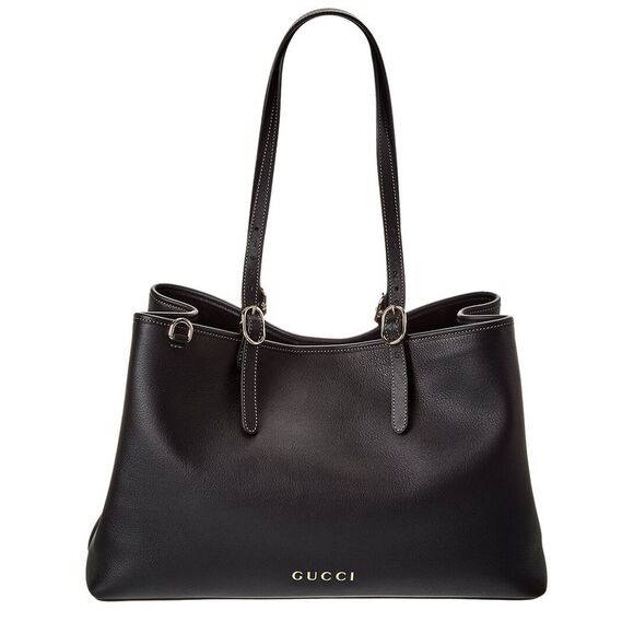 Gucci Gg Emblem Large Leather Tote, Black - Picture 1 of 4
